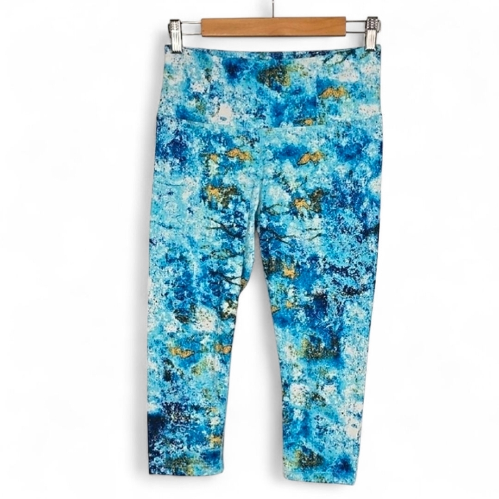 Manduka Women's Blue Gold Artistic Abstract Crop High Rise Leggings Size Medium
